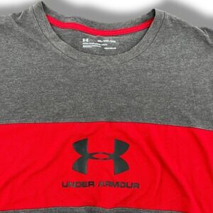 Under Armour Mens 2XL Gray Red HeatGear Fitted Athletic T-Shirt